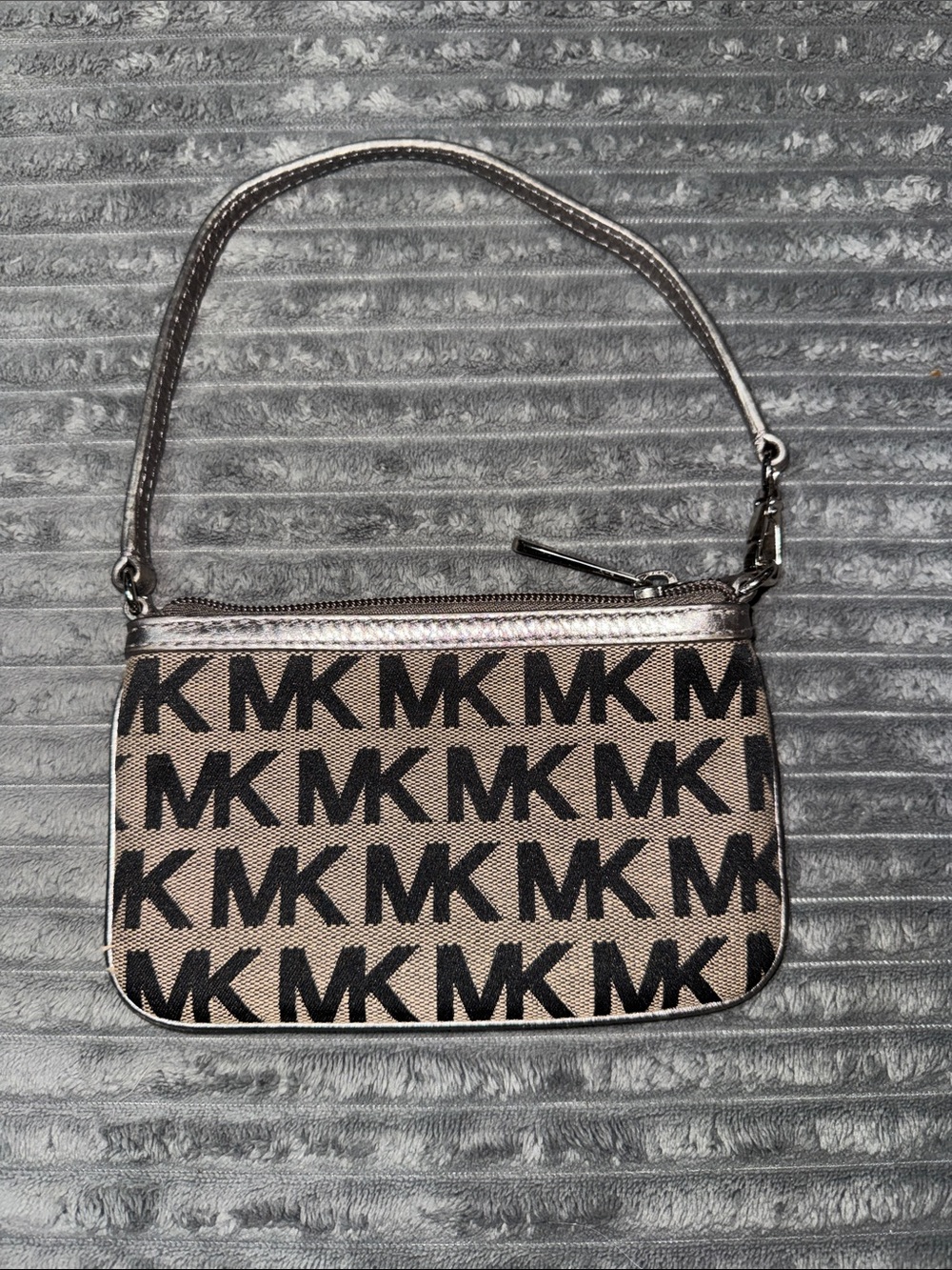 Michael Kors Beige and Black MK Logo Wristlet with Metallic Trim